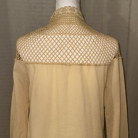 fp S Pale Yellow On The Island Crochet Yoke High Neck Sheer Mesh Bell Sleeve Top - Picture 6 of 14